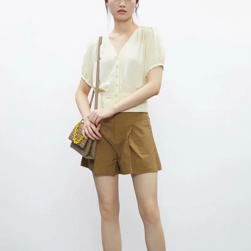 Блузка женская хлопково-льняная с коротким рукавом модная однотонная