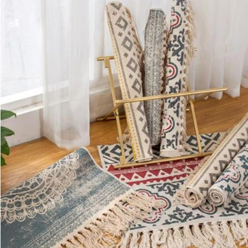 

Retro Bohemian Hand Woven Cotton Linen Carpet Tassel Bedside Living Geometric Home Floor Rug Room Mat Bedroom Decoration