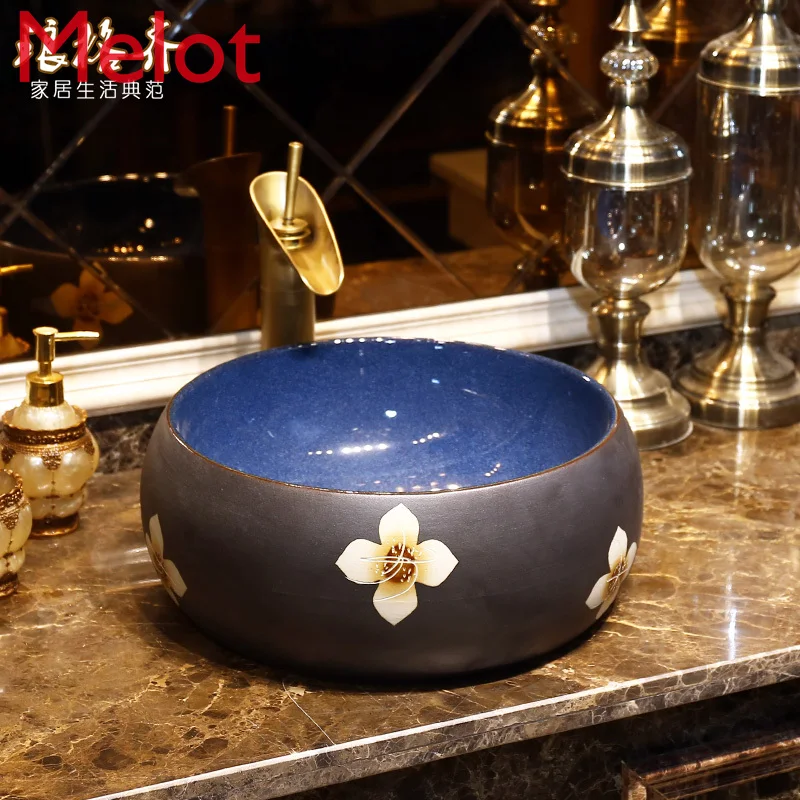 

Retro Art Table Basin Ceramic Basin Single Basin in Chinese Antique Style Table Washbasin round Basin Small Size