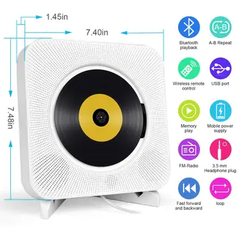 

Wall-Mounted Bluetooth CD Player Remote Control FM Radio Built-In HiFi Bluetooth Portable Home Audio Boombox