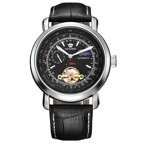 OUYAWEI мужские наручные часы Роскошные турбийон фаза Луны автоматические механические белый циферблат Reloj Hombre Automatico - Цвет: Черный