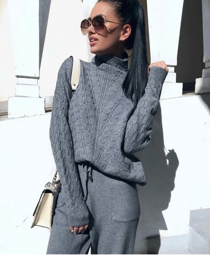 Buy New Knitted 2 Pcs Set Turtleneck Pullover Sweatshirts Women Tracksuit Drawstring Pants Suits Warm Winter Casual Two Piece Sets