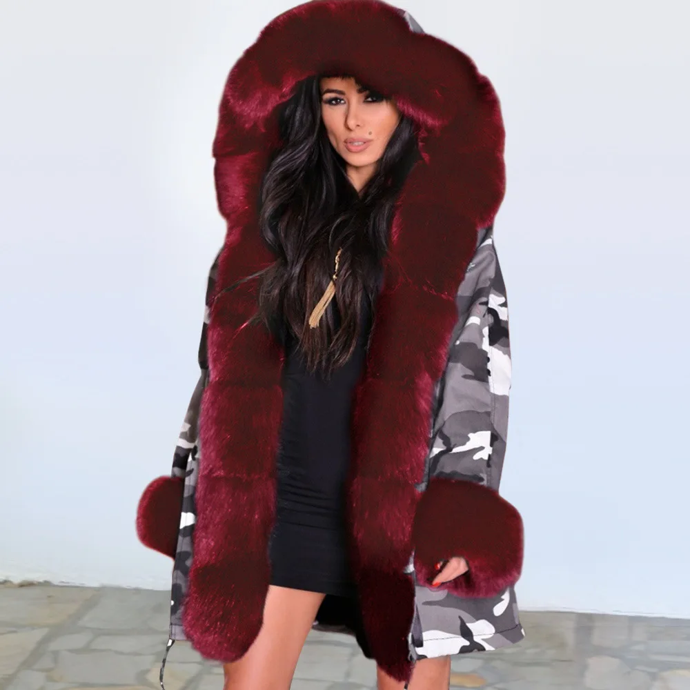 Женская камуфляжная утепленная осенне-зимняя куртка парка с капюшоном пальто из искусственного меха длинная куртка s-xxl