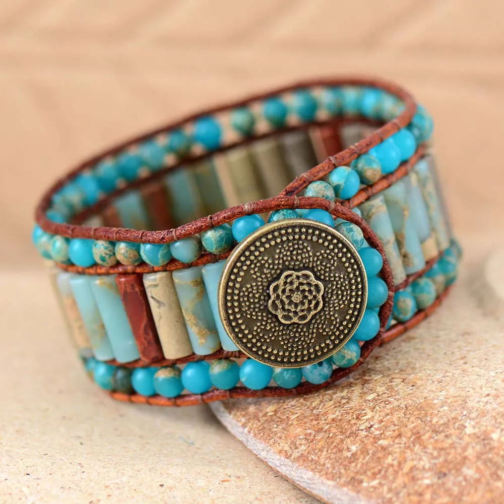 Boho Bracelet Unique Natural Stone Vintage Leather Wrap Bracelets Wholesale Bohemian Woven Stone Cuff Bracelet Dropship
