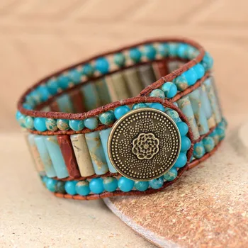 Boho Bracelet Unique Natural Stone Vintage Leather Wrap Bracelets Wholesale Bohemian Woven Stone Cuff Bracelet Dropship