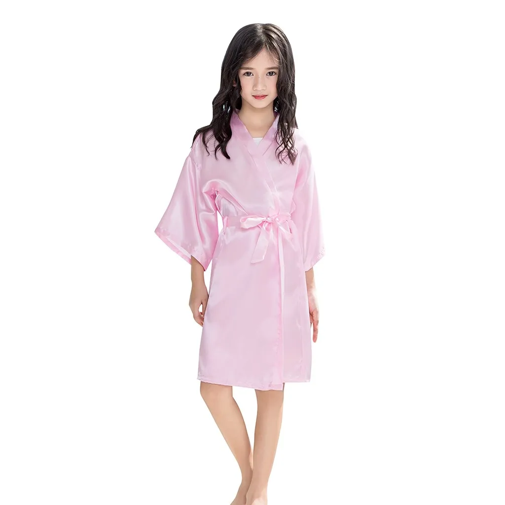 Toddler Baby Kids Girls Solid Silk Satin Kimono Robes Bathrobe Sleepwear Clothes 1PC Bathrobe+1PC Ribbons G1021 - Цвет: Pink