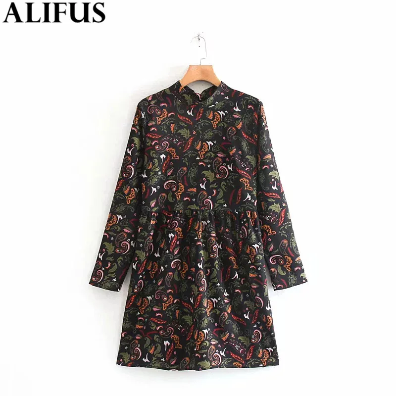 

Fashion Za Women Mini Dress 2019 Vintage Floral Printed Chic O-Neck Long Sleeve Casual Loose Dresses Female Ladies Vestidos