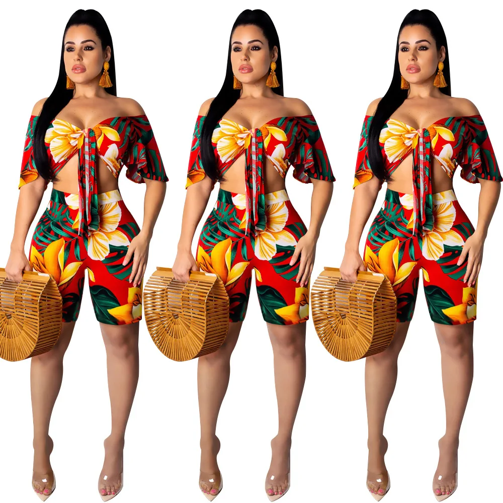 

2019 Summer New Style Europe And America Sexy Bandage Cloth off-Shoulder Casual Two-Piece Set S1080