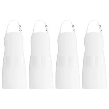

4 Pack Bib Aprons with 2 Pockets Adjustable Kitchen Cooking Chef Apron for Women & Men, White