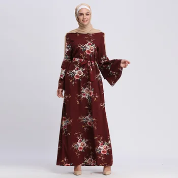 

Large Swing A-line Long Dress Women Dubai Arab Muslim Flare Sleeve Printed Floral Abaya Dresses Lace-up Slim Islamic Clothing