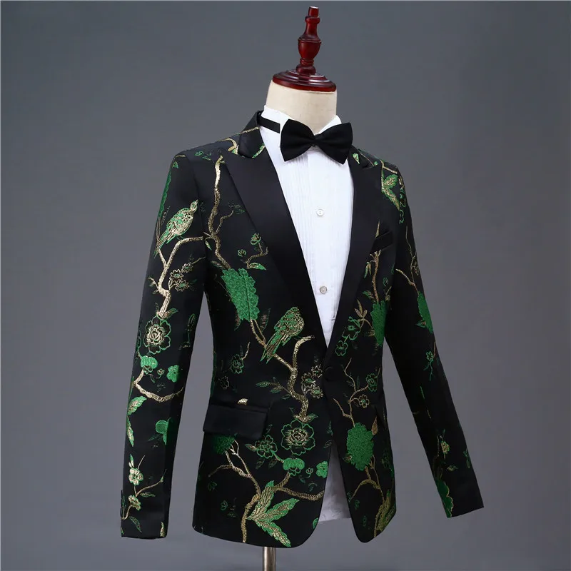 Черный, зеленый цветочный Мужской Блейзер Куртка вышивка Vestes Hommes Костюмы Блейзер Masculino Тонкий мужской костюм приталенный Блейзер