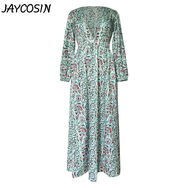 JAYCOSIN женское платье, сексуальное, с глубоким v-образным принтом, с длинным рукавом-фонариком, осенне-зимнее, повседневное, свободное, длинное, свободное платье, Vestidos jy31
