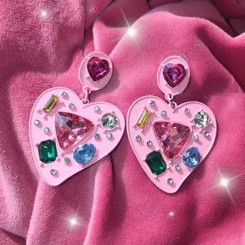 

MENGJIQIAO Korean New Luxury Triangle Crystal Big Heart Pendientes Mujer Moda Bijoux Elegant Party Earrings Brincos Jewelry Gift