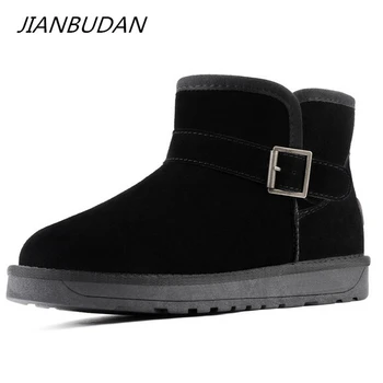 

JIANBUDAN Leather snow boots Women's winter plush warm ankle boots fashionable High quality leather plush winter cotton shoes