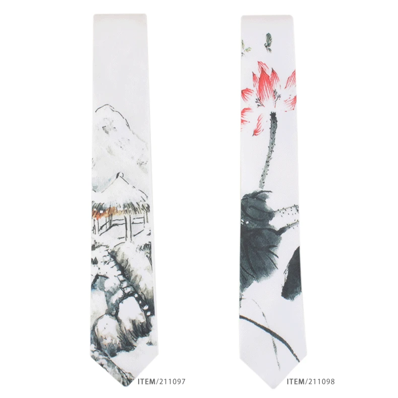 Men's Printed Tie Casual Banquet Suit Shirt Accessories Yarn-dyed Polyester Silk White Fine Novelty Landscape Painting Necktie