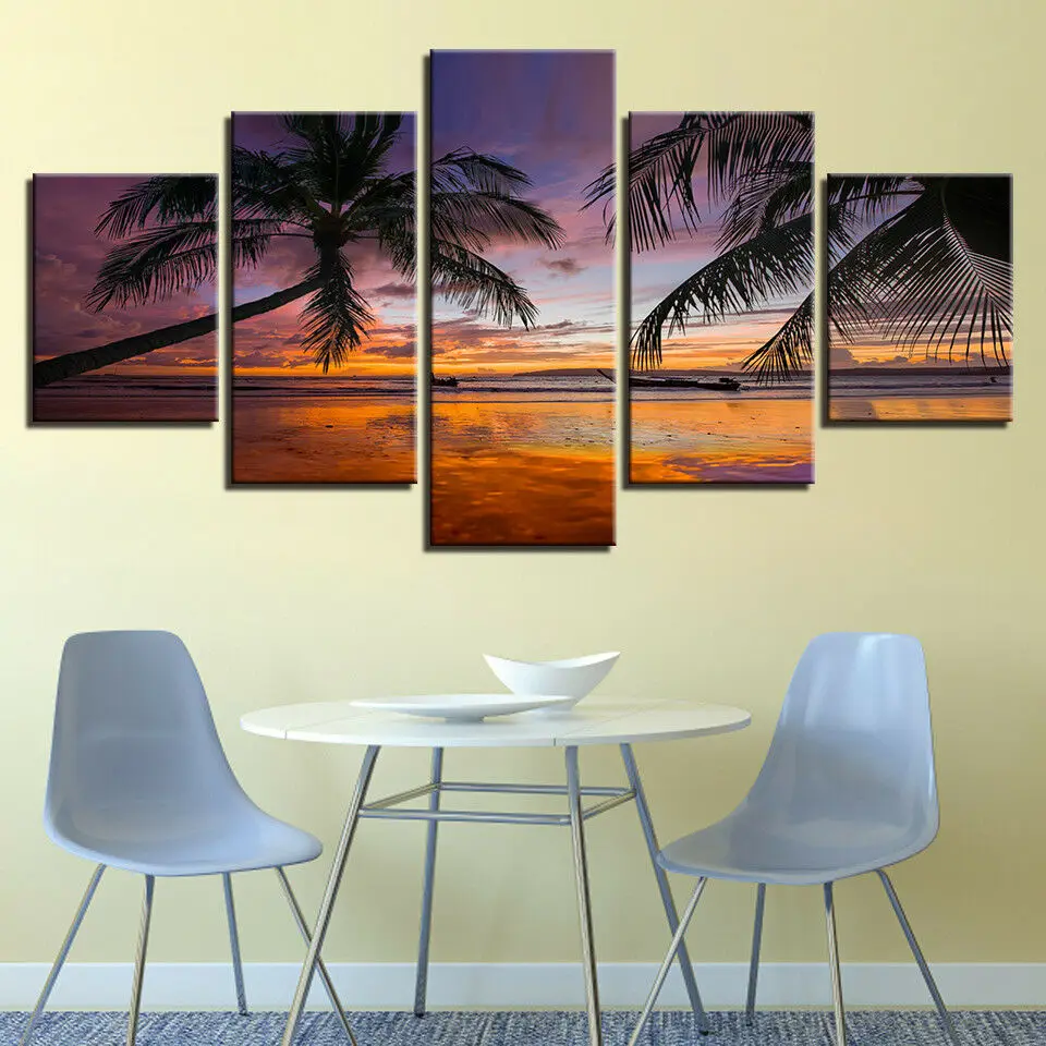 

No Framed Beach Palm Trees Sunset 5 Pcs Canvas Picture Print Wall Art Canvas Painting Wall Decor for Living Room
