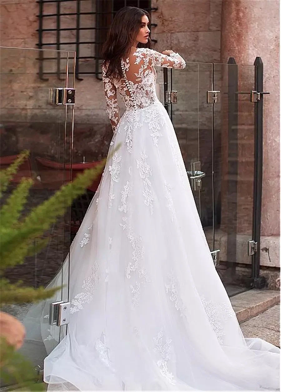 Elegant Illusion Wedding Dress Full Sleeves Sexy Luxury Lace Appliqued Tulle A Line Buttons Back O-Neck Bohemia Bridal Gown 2021
