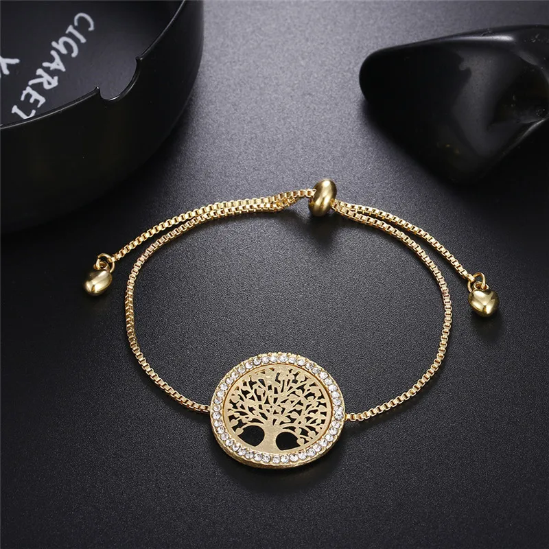 Новые pulseira mujer moda прозрачные Кристальные Золотые Регулируемые кольцеобразные браслеты для женщин Дерево жизни Шарм подарочные браслеты и ювелирные изделия