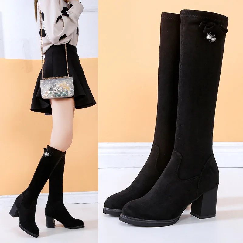 

Thigh Boot Children Knee 2019 New Style Autumn And Winter plus Velvet WOMEN'S Boots Semi-high Heeled Thin Boots Chunky Heel Elas