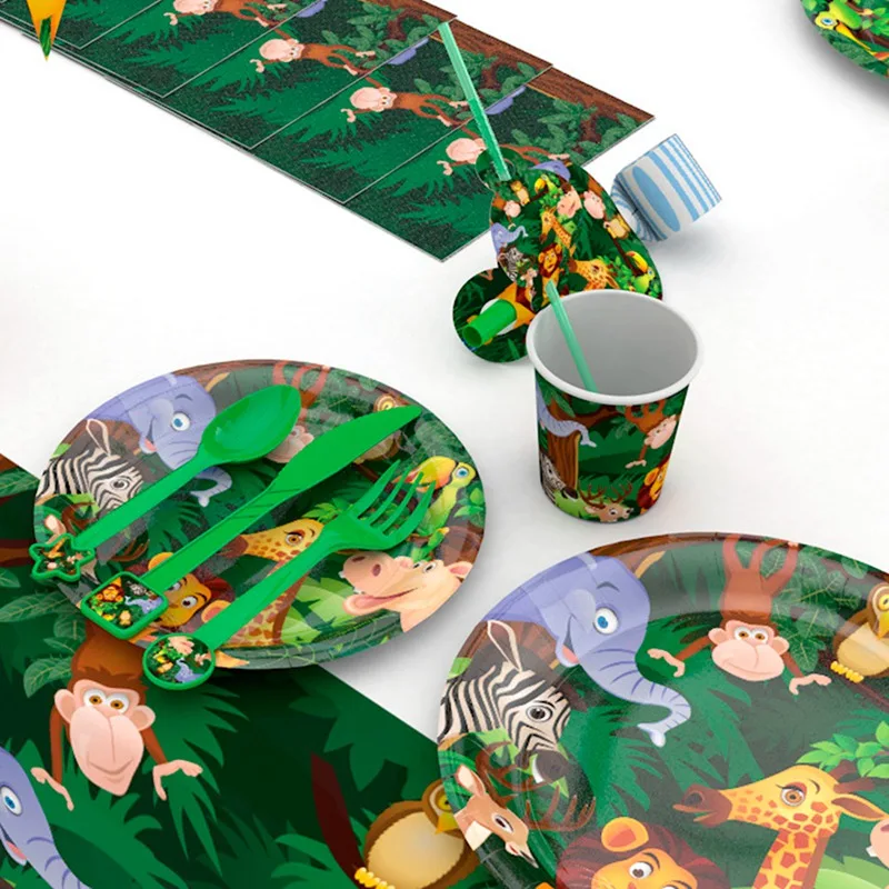 Одноразовые столовые приборы PATIMATE Jungle Animal, набор тарелок, салфетки под чашки для детей, принадлежности для вечеринки на день рождения, вечерние принадлежности Safari Jungle deco