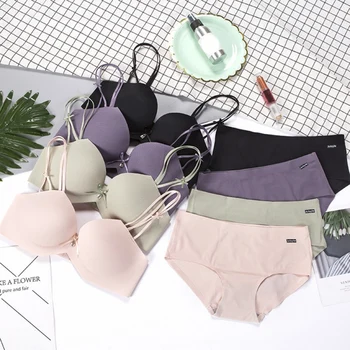 

Women 1PC Seamless Push Up Bra Set Wire Free Thin Smooth Bow 3/4 Cup Fix Strap Bralette Solid Color Brief Women Underwear