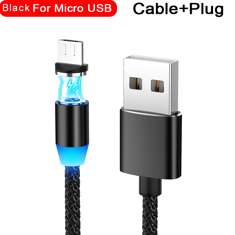 Магнитный usb-кабель для быстрой зарядки 2,1 А, Тип C, микрокабель, светодиодный, с нейлоновой оплеткой, type-C, магнитное зарядное устройство для iPhone XS X 7, samsung, 1 м, 2 м - Цвет: Black for Micro USB