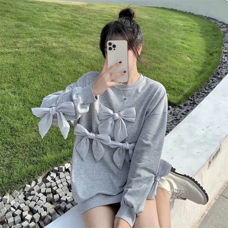 

Fernan Kawaii Bow Hoodie Women Long Sleeve Crewneck Sweatshirt Korean Style Fall 2021 Fashion Oversized Casual Cute Pullover