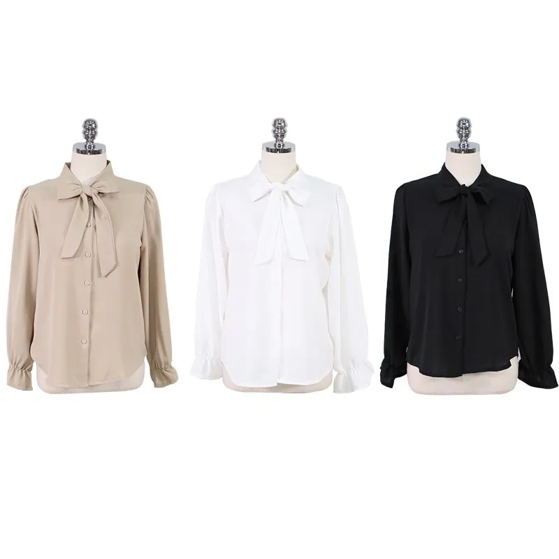 Женские элегантные топы, осенне-осенний основной гардероб, длинный рукав, корейский стиль, темперамент, Женская пуговица, белый галстук-бабочка, рубашка 8603