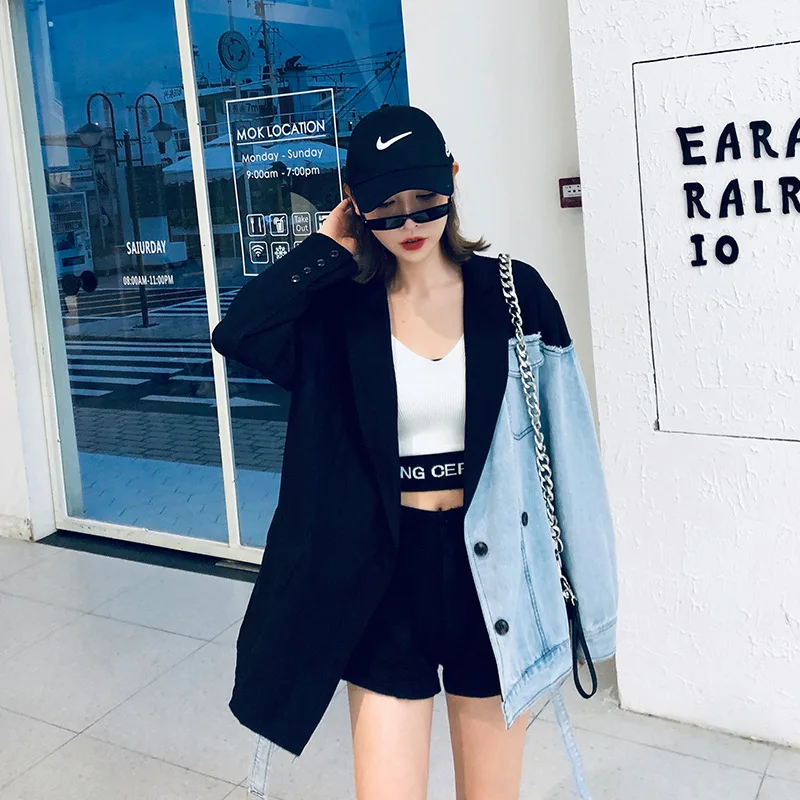 European station autumn new fight denim tie rope suit female loose long section casual coat net red temperament