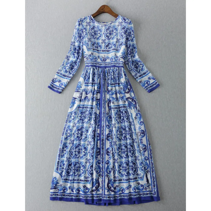 

Designer Maxi Dress Women's High Quality Long Sleeve Vintage Blue And White Porcelain Printed Long Dress 2 Length