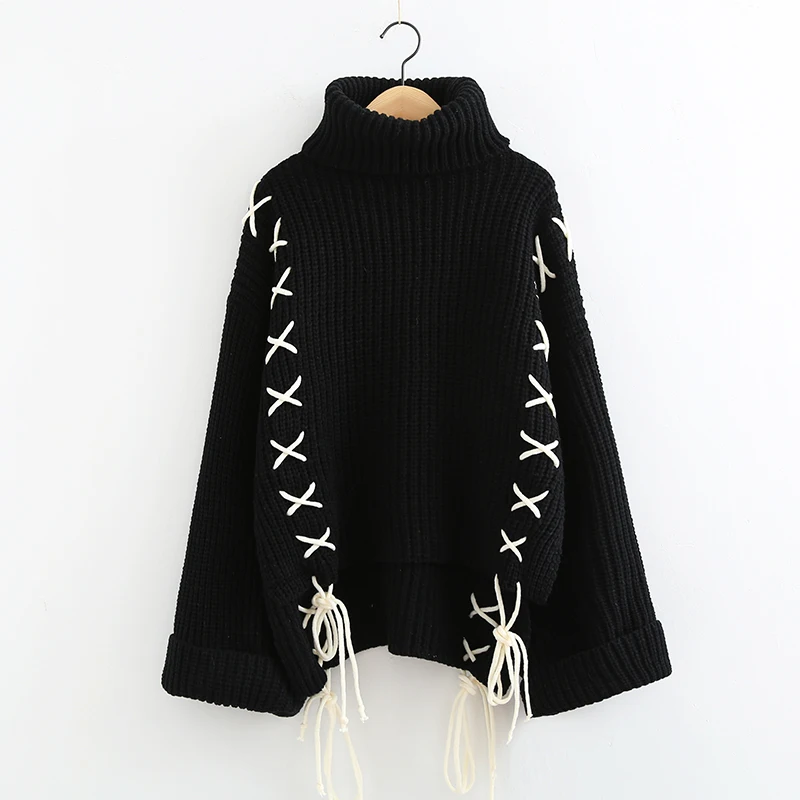 

[EWQ] 2019 Spring Autumn high quality Turtleneck Collar Lace Up Pullovers High Street Sweater Women Fashion Tide AH29601