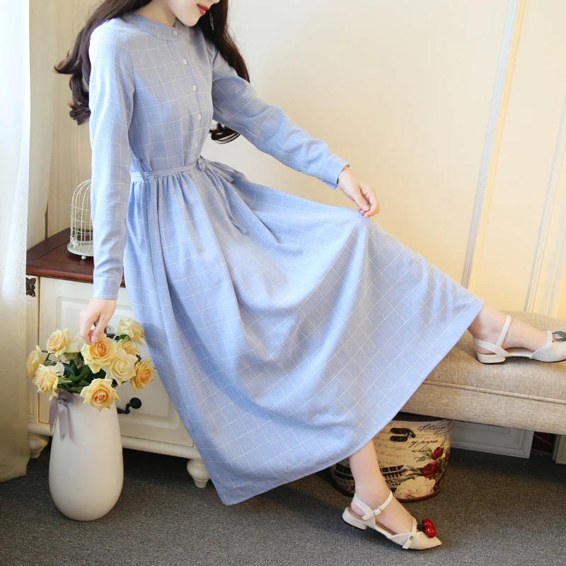 Mori Girl Spring Autumn Women Long Dress Gray Blue Plaid Casual Vestidos Longo Vintage Elegant Cotton Linen Korean Sweet Dresses