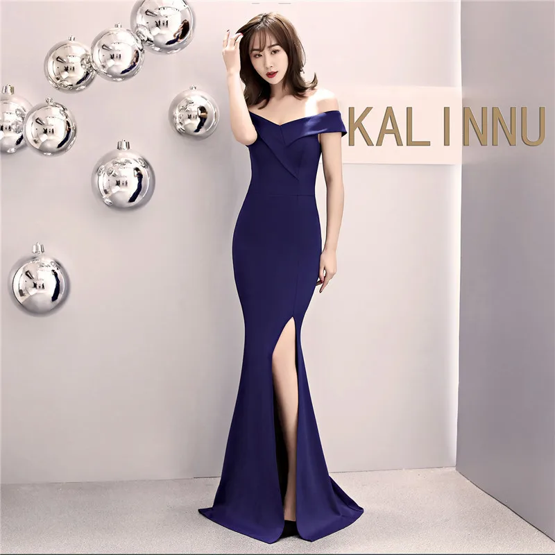 Skyyue Evening Dress Off The Shoulder Women Party Dresses Short Sleeve Robe De Soiree Sexy V-neck Split Formal Gowns C087 - Цвет: Navy Bule