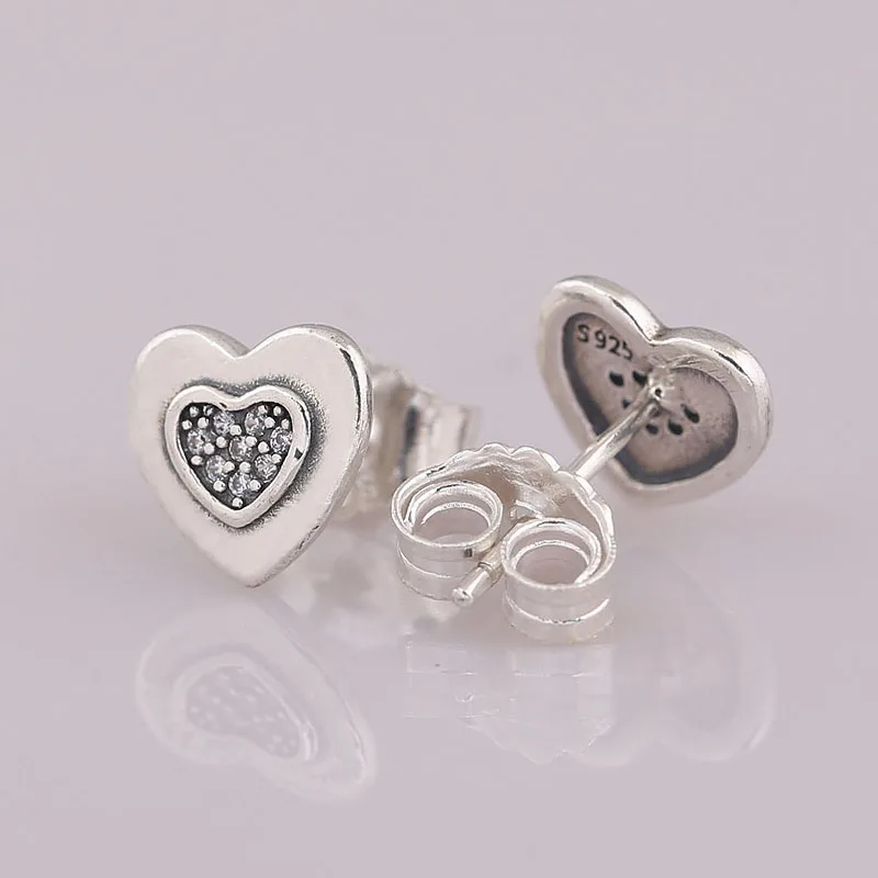 Authentic 925 Sterling Silver Silver Logo Heart Pan Earring With Crystal Stud Earring For Women Wedding Gift Fine Jewelry
