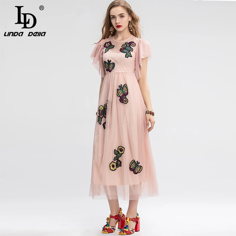 LD LINDA DELLA 2020 Zomer Mode Vintage Jurk vrouwen Ruches Mouw Elegante Overlay Mesh Animal Bloemen Borduren Lange Jurk LD LINDA DELLA 2020 Zomer Mode Vintage Jurk vrouwen Ruches Mouw Elegante Overlay Mesh Animal Bloemen Borduren Lange Jurk
