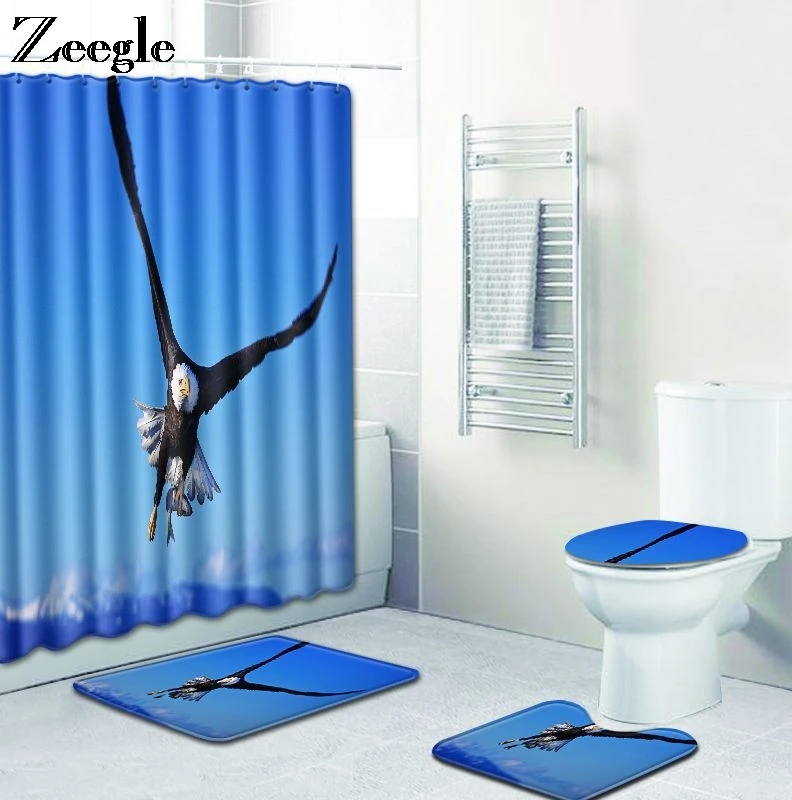 Zeegle 4pcs Bath Mat Set Anti Slip Toilet Seat Cover Mat Waterproof Curtain Toilet Pedestal Rug Foot Mat Flannel Soft Toilet Set