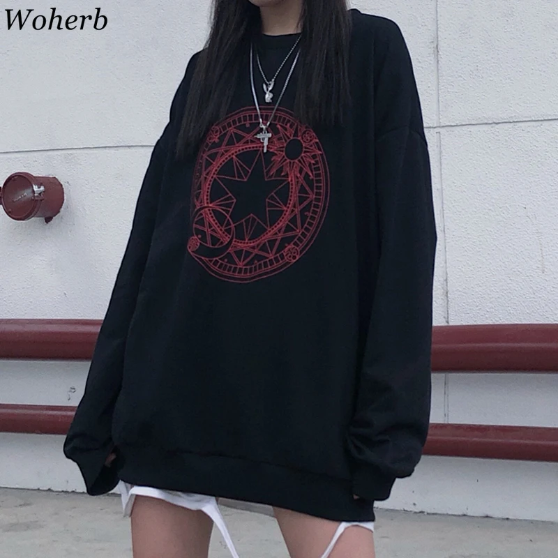 Woherb, Черная Толстовка с принтом, с круглым вырезом, с длинным рукавом, большие размеры, толстовки, женские винтажные свободные топы, корейская мода, уличная одежда 91098