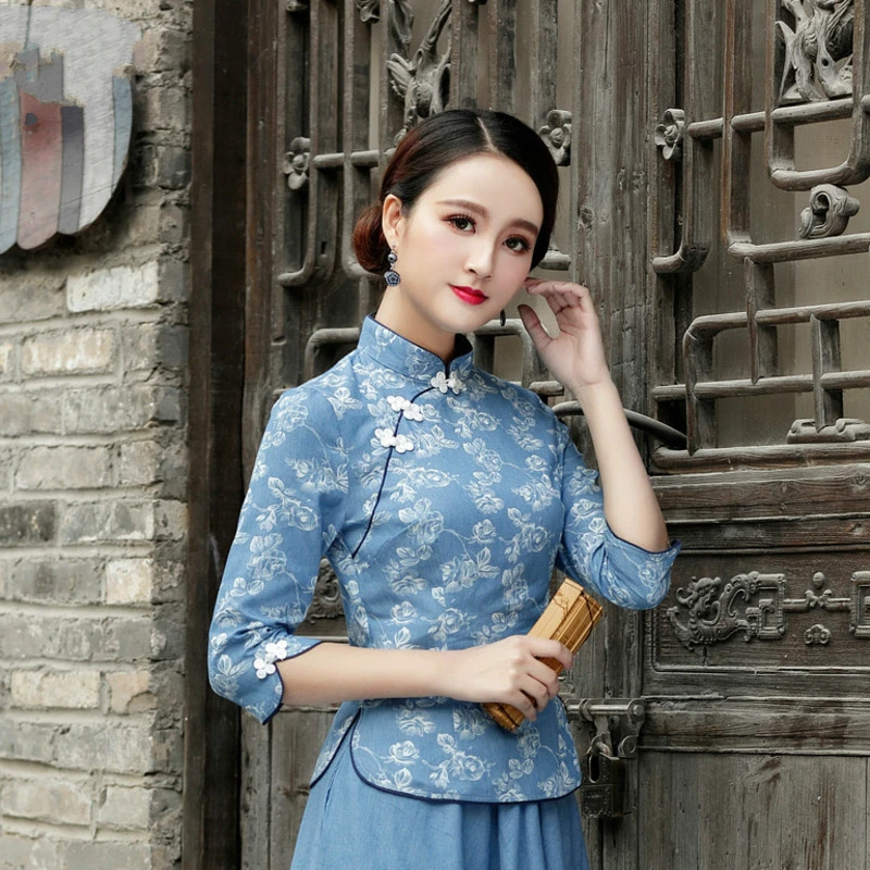 Темно-синяя блузка китайские рубашки деним синий печать цветы Qipao Camisa Китай Mujer классические традиционные Топы