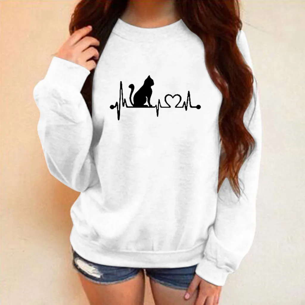 Autumn Winter Women Sweatshirt Oversize Hoodie Cat Printing O Neck Long Sleeve Pullover Sweatshirt Ladies Hoodie Streetwear