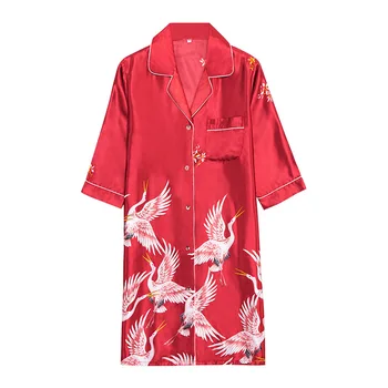 

Summer Women Sleepwear Silk Satin Shirt Dress Home Wear Female Nightie Printed Lady Cool Nightdress Sleeping Dress Robe De Nuit