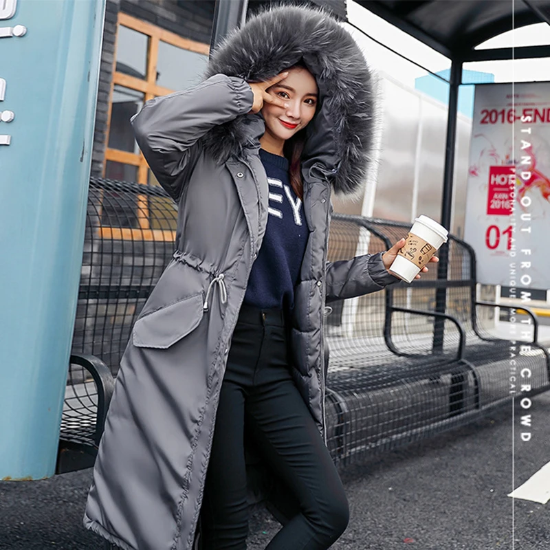 ##BUY Women Winter Duck Down Long Coat Hoodie Thicken Coat Long Sleeve Solid Big Fur Collar Cotton Outerwear with pocket