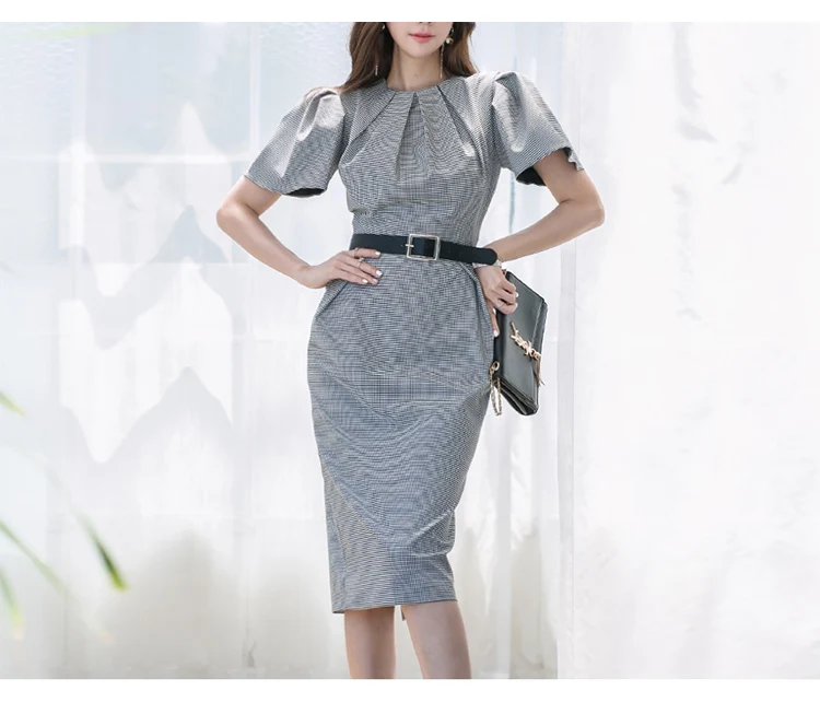 Eleagnt Slim Waist Women plaid Dress O-neck Female Office Ladies Mid-length Vintage Vestidos dresses