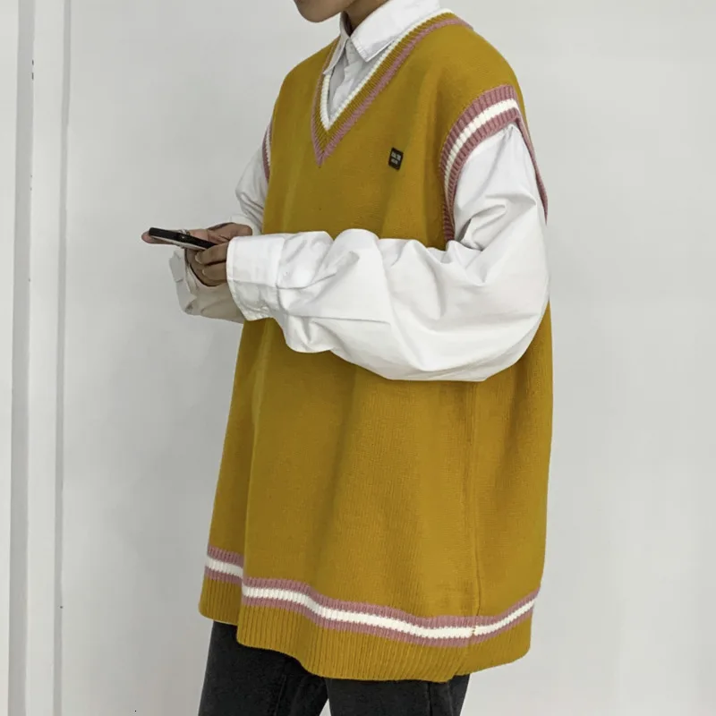 Autumn New Sweater Vest Men Fashion Contrast Color Casual V-neck Knit Sweter Men Street Loose Pullover Vest Sweaters Man Clothes Autumn New Sweater Vest Men Fashion Contrast Color Casual V-neck Knit Sweter Men Street Loose Pullover Vest Sweaters Man Clothes