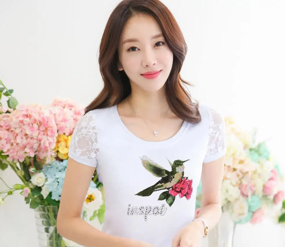 Camisetas Mujer летние Стразы футболка Для женщин кружева короткий рукав леди, поставленные зоводами непосредственно Для женщин s футболка Женские ромбовидные Топы
