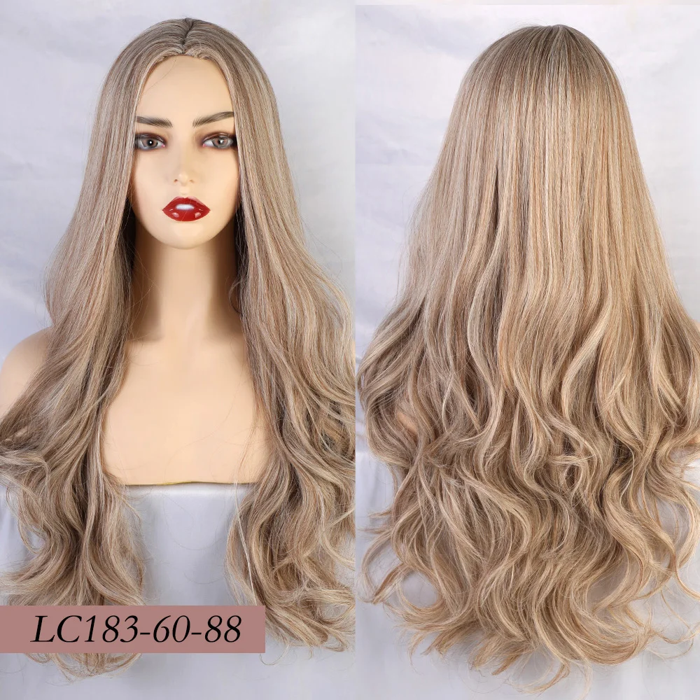 Синтетические длинные волнистые парики в стиле блонд, единорог, средняя часть, коричневый, черный, фиолетовый, зеленый, искусственные волосы для косплея, вечерние парики для черно-белых женщин - Цвет: lc183-60-88