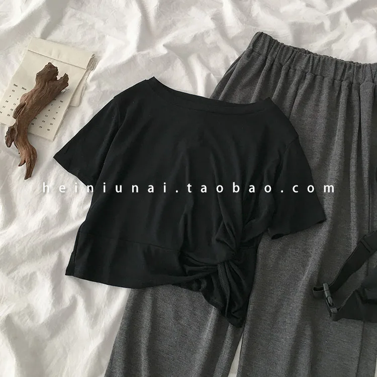 Casual Long Pant Set Women Short Sleeve T-shirt + Elastic High Waist Harem Pant Trouser Matching Set