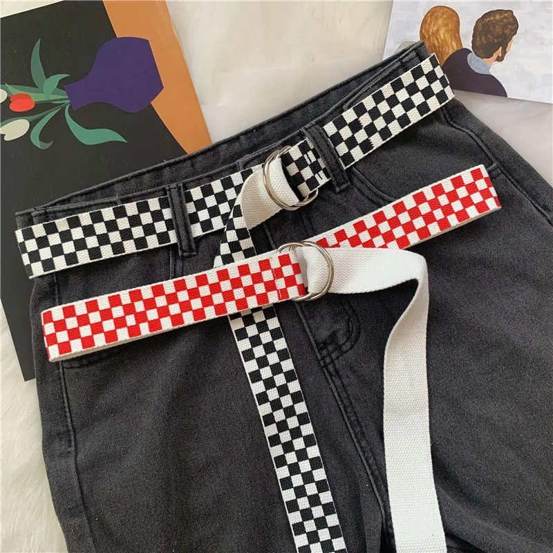 

Women's Checkerboard Belt Canvas Waist Belts Cummerbunds Waistband Casual Checkered Black Red Plaid Belt Unisex