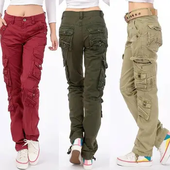 

Womens Loose Pants Military Trousers Ladies Straight Multi-pocket Baggy Cargo