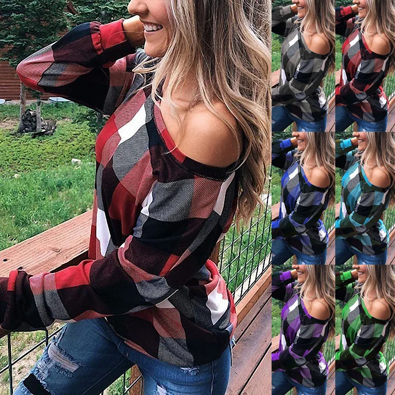 

Womens Off Shoulder T Shirt Long Sleeve Tee Shirt Round Neck Autumn Winter Casual Striped Female T Shirts Women's Cotton Tops