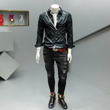 dark navy Sexy Male graffito Personality Metrosexual long sleeves shirt Men's slim shirt ASIA SIZE